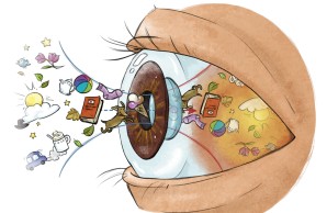 Illustrations eines Auges, das das Sehen bildlich darstellt, Gegenstände sind auf dem Augenhintergund gespiegelt dargestellt