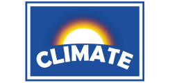 CLIMATE Logo, Schriftzug auf einem blauen Hintergrund unter einer Sonne